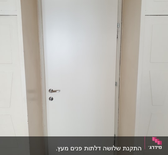 דלת לבנה עם ידית כסופה במסגרת עץ